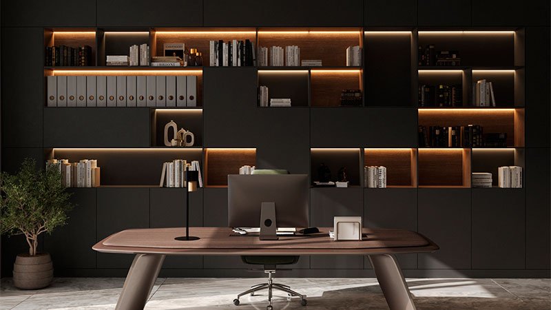 Projeto de móveis planejados para um escritório produtivo e elegante