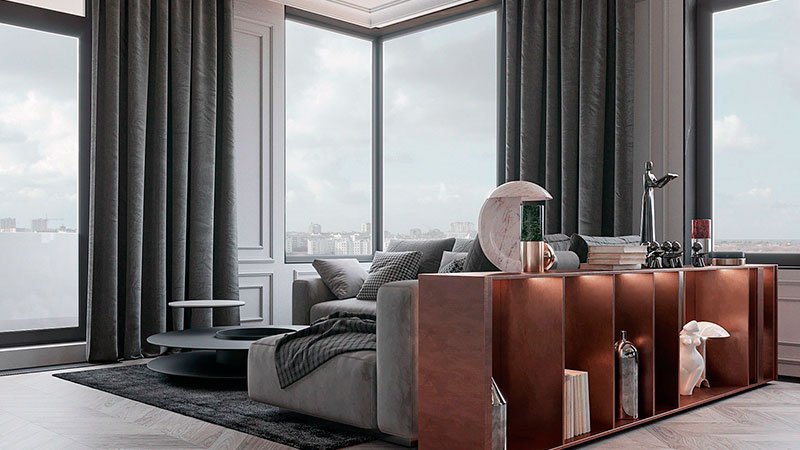 Projeto de móveis planejados para uma elegante sala de estar